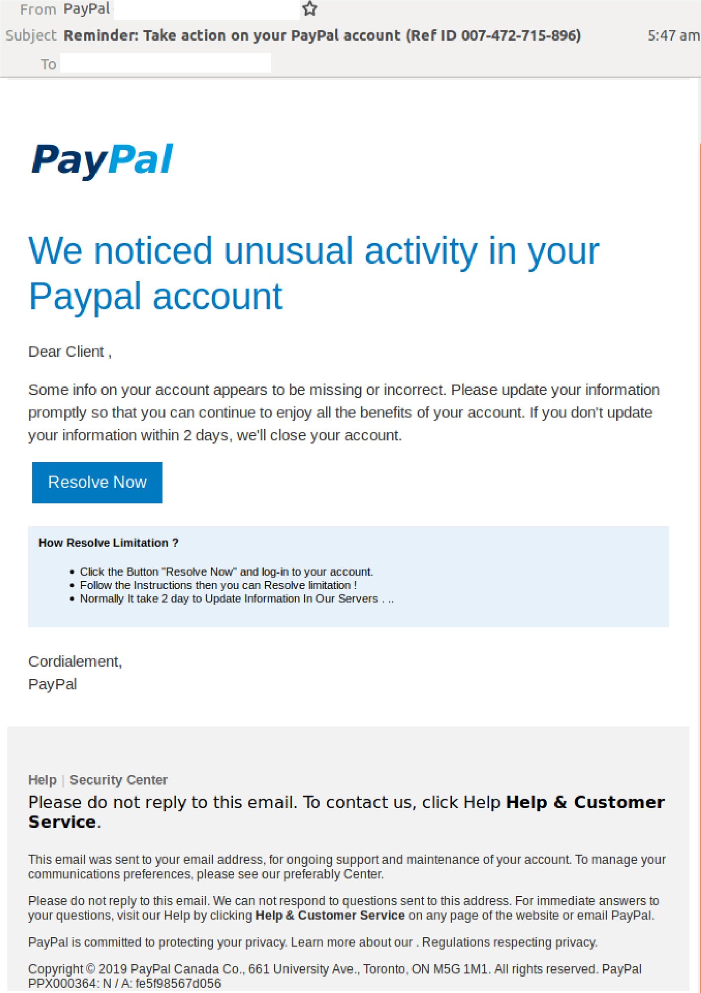Emails purporting to be from PayPal hit inboxes; suspected to contain
